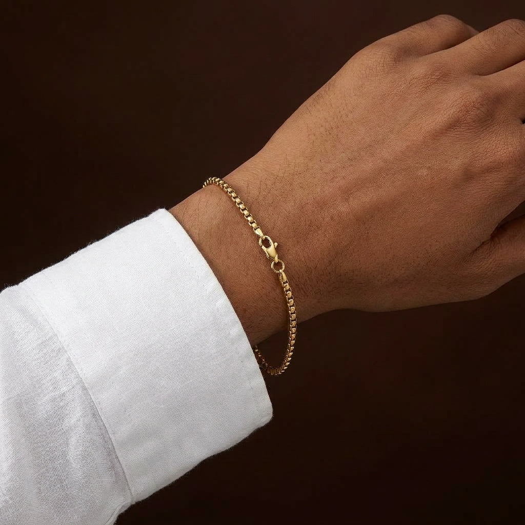 Golden Box Design Flexi Size Steel THIN Bracelet (3MM) | 18K PVD Gold Plated- For Men | Includes: Bracelet