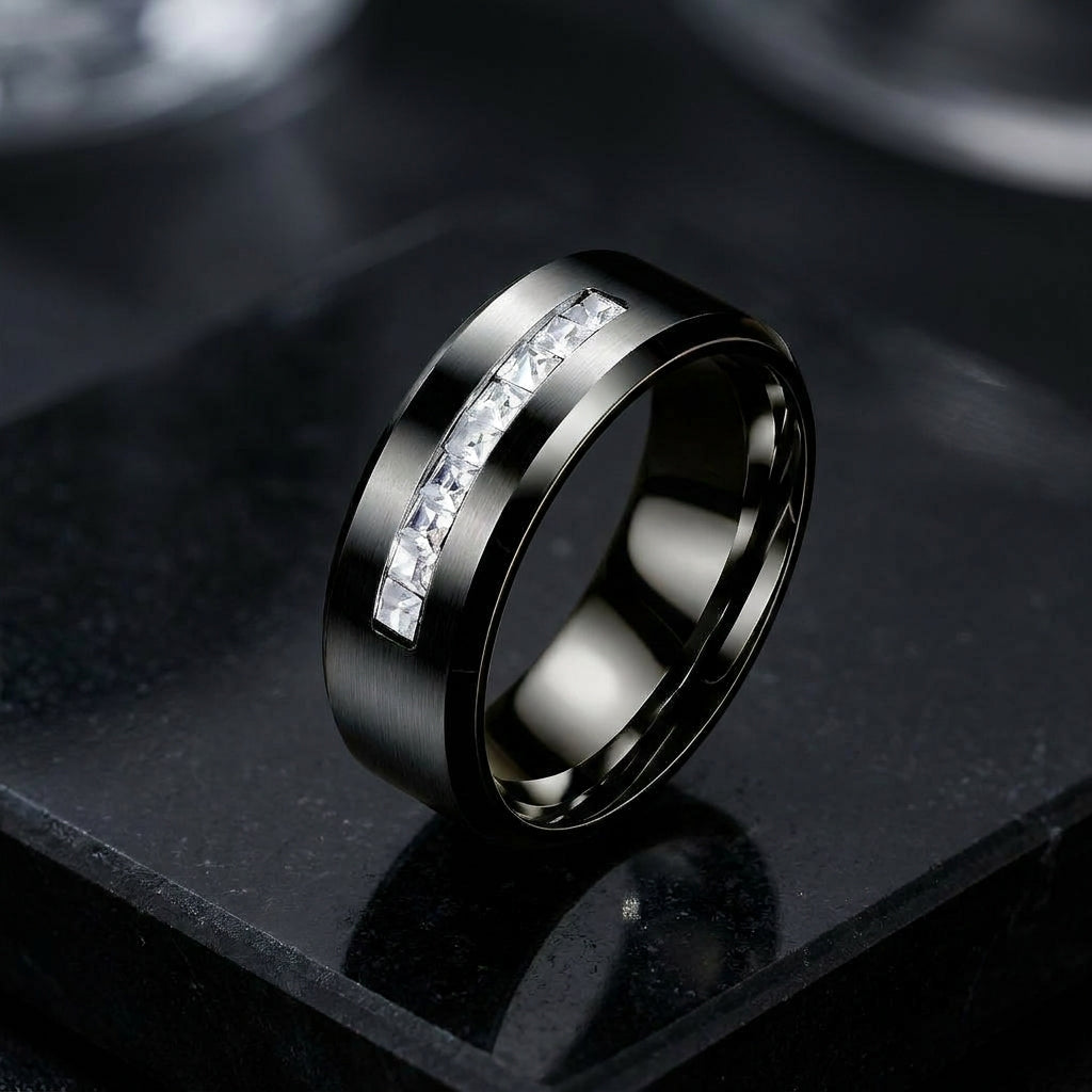 Black Titanium Zircon Stub Modern Ring | PVD Plated– For Men | Includes: Ring