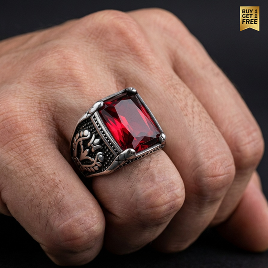 Red Zircon Viking King Ring | TITANIUM Steel– For Men | Includes: Ring