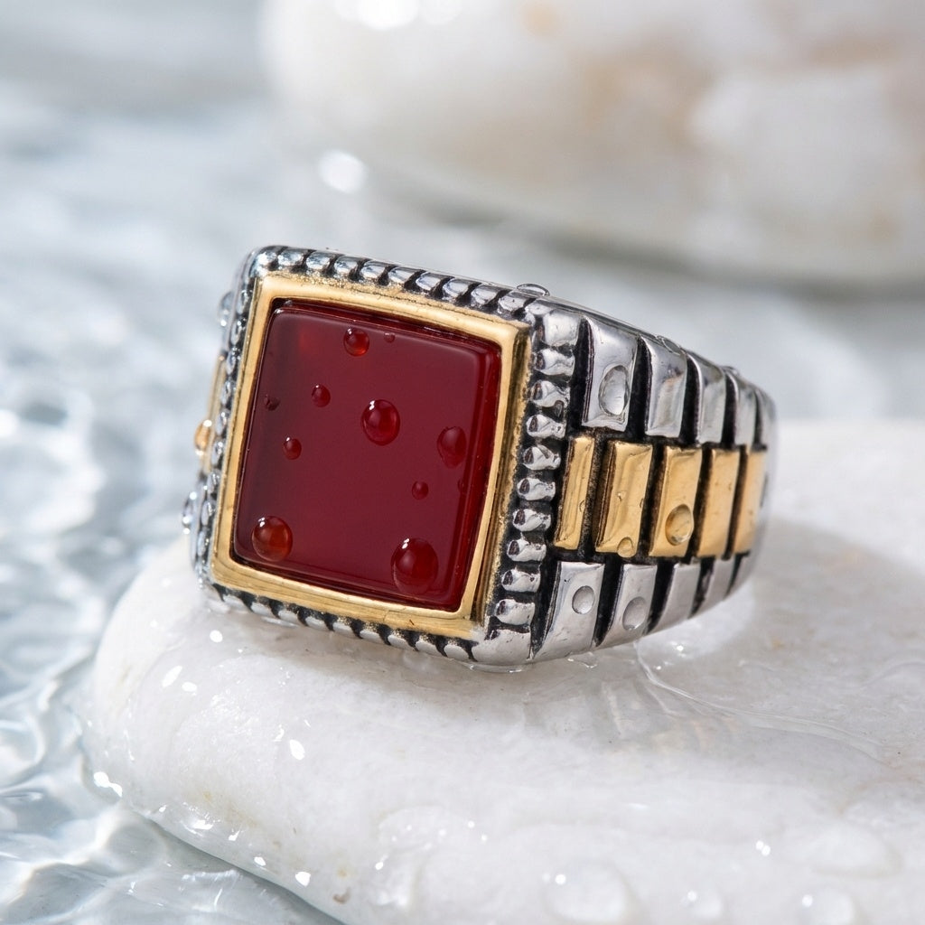 Natural Red Onyx Stone Pyramid Ring | TITANIUM STEEL– For Men | Includes: Ring