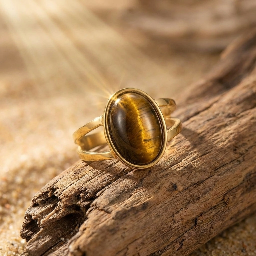 Cat's Eye Stone Golden Dual Band Oval Ring | 18K Real Gold PVD Plated– For Men | Includes: Ring