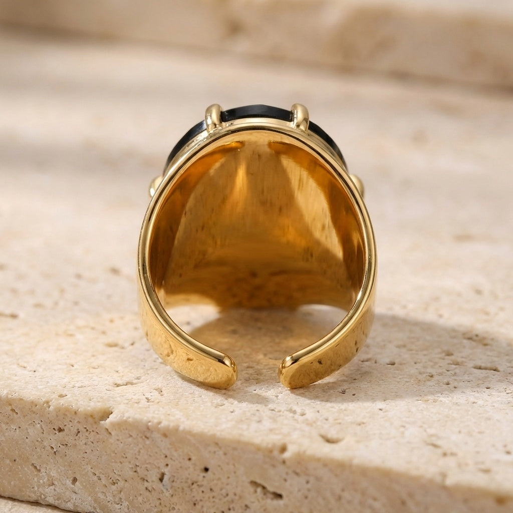 Natural Black Onyx Faceted Stone Golden Flexi Size Ring | 18K Real Gold PVD Plated– For Men | Includes: Ring