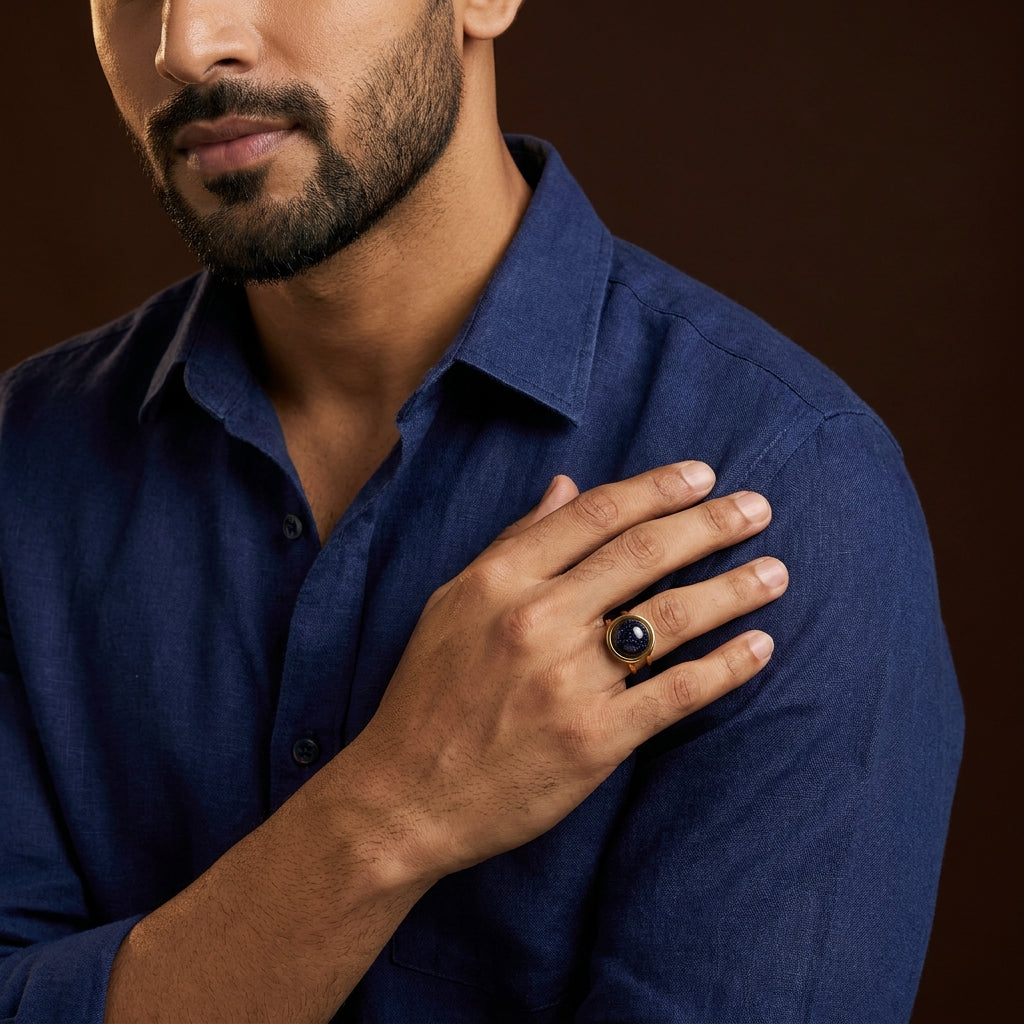 Blue Sand Stone Flexi Size Golden Ring | 18K Real Gold PVD Plated– For Men | Includes: Ring