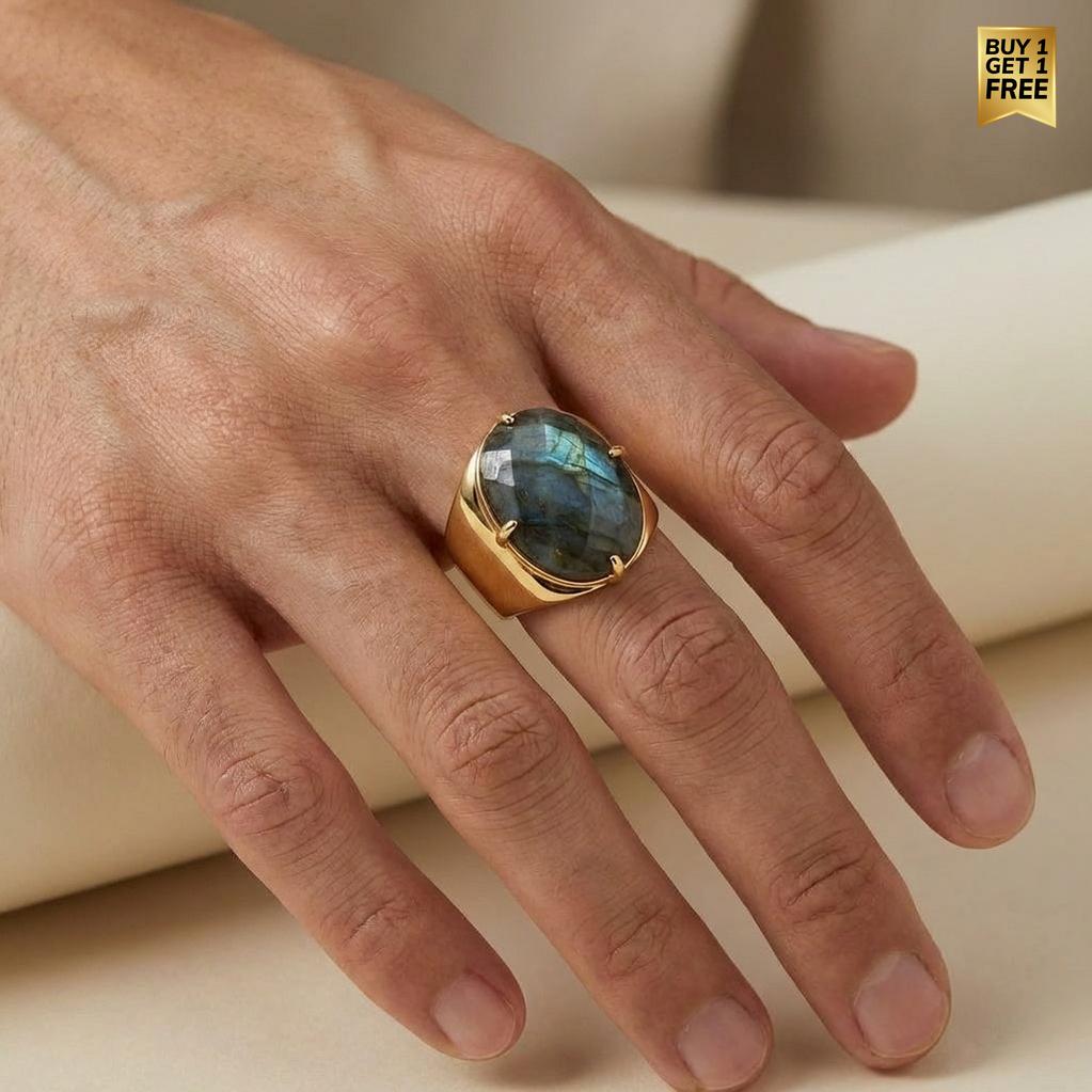 Natural Labradorite Faceted Stone Golden Flexi Size Ring | 18K Real Gold PVD Plated– For Men | Includes: Ring