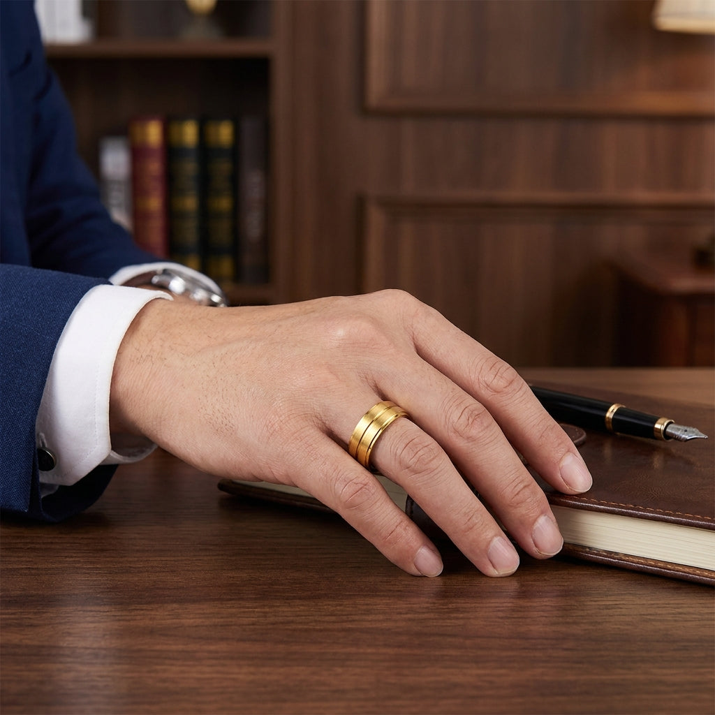 Premium mid-line Golden Steel Ring | 18K Real Gold PVD Plated– For Men | Includes: Ring