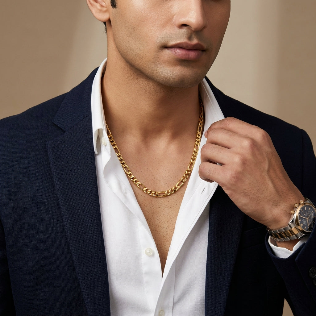 Golden Figaro Regular Steel Chain (9mm) | 18K PVD Gold Plated- For Men| Includes: Necklace