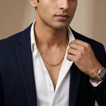 Golden Figaro Regular Steel Chain (9mm) | 18K PVD Gold Plated- For Men| Includes: Necklace
