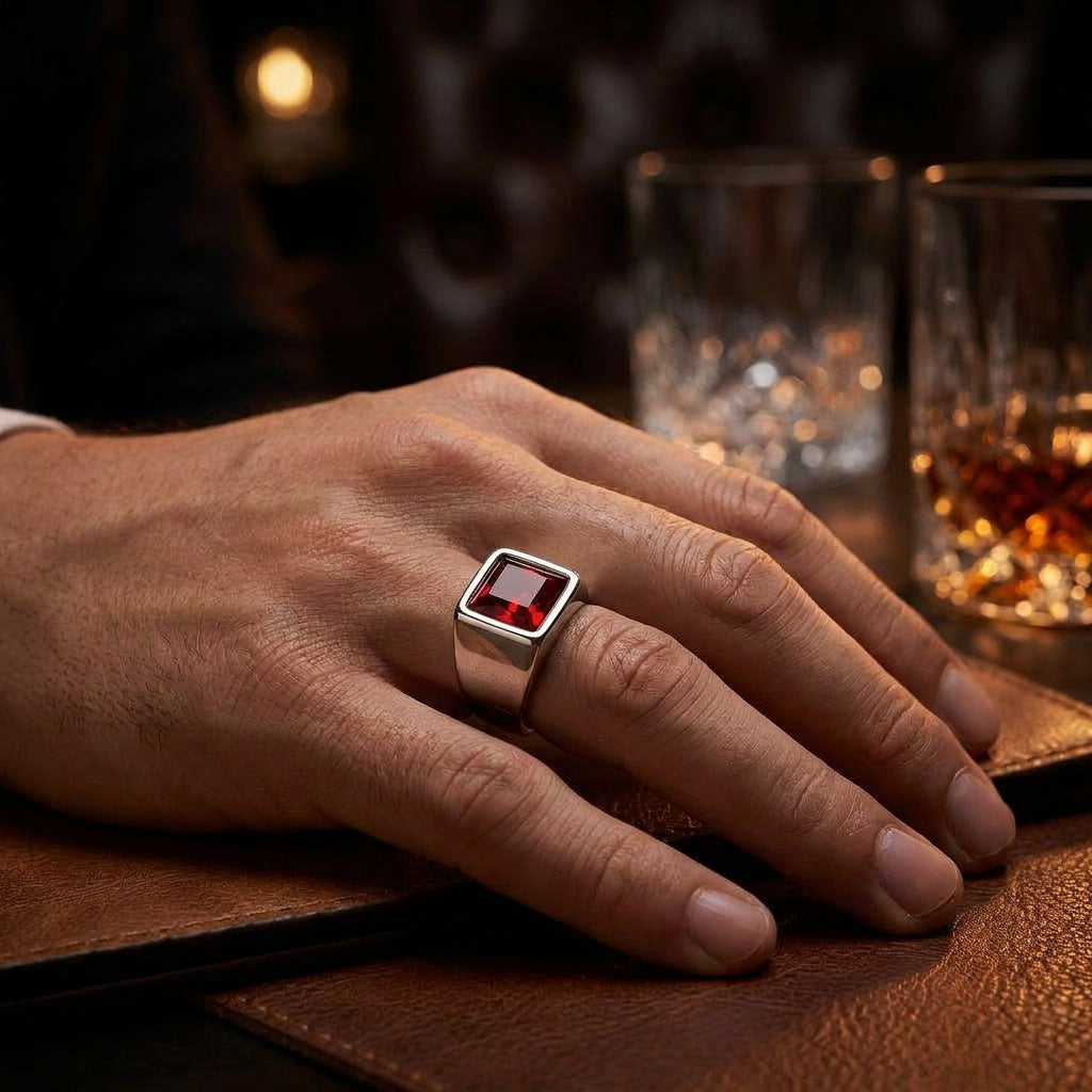 Regular Red Square Zircon Titanium Ring | PVD Plated– For Men | Includes: Ring