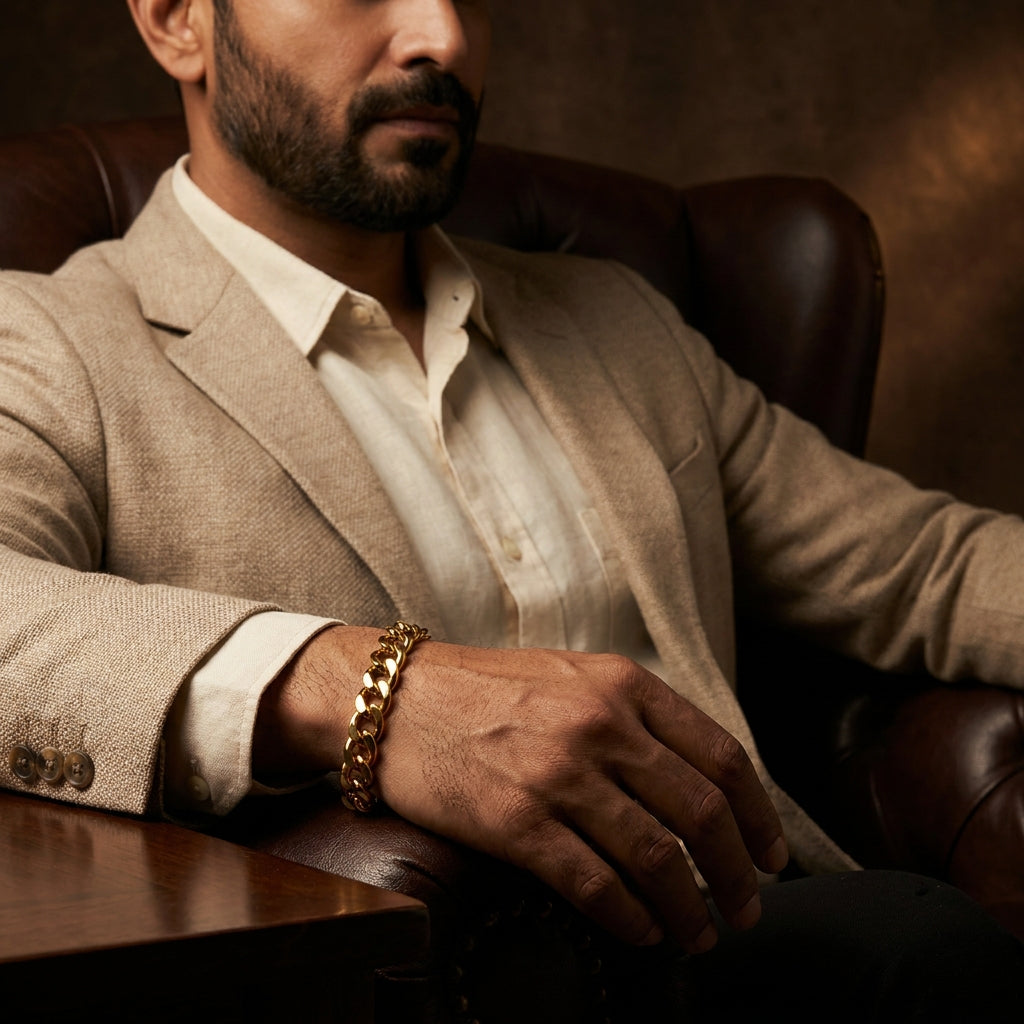 Golden Lean-Link Flexi Size Steel BOLD Bracelet (9MM) | 18K PVD Gold Plated- For Men | Includes: Bracelet