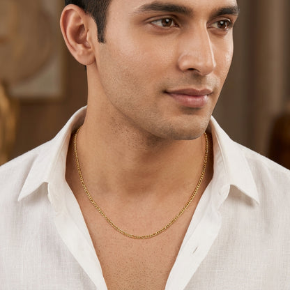 Golden Figaro Lean Steel Chain (3mm) | 18K PVD Gold Plated- For Men| Includes: Necklace
