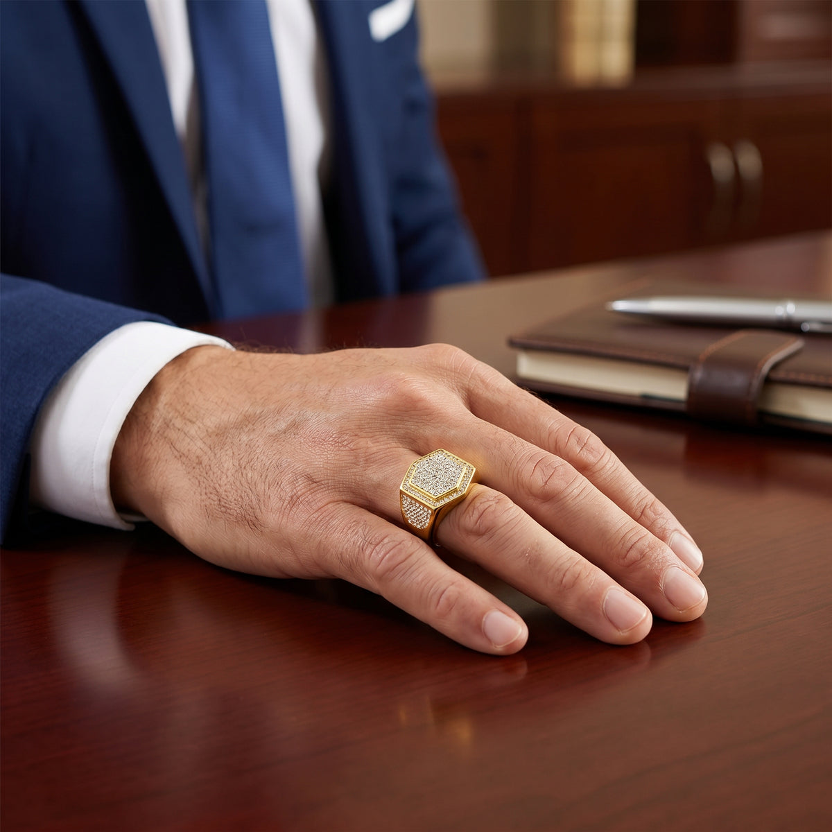 Golden Hexagon Micro Zircon Bold Steel Ring | 18K Real Gold PVD Plated– For Men | Includes: Ring