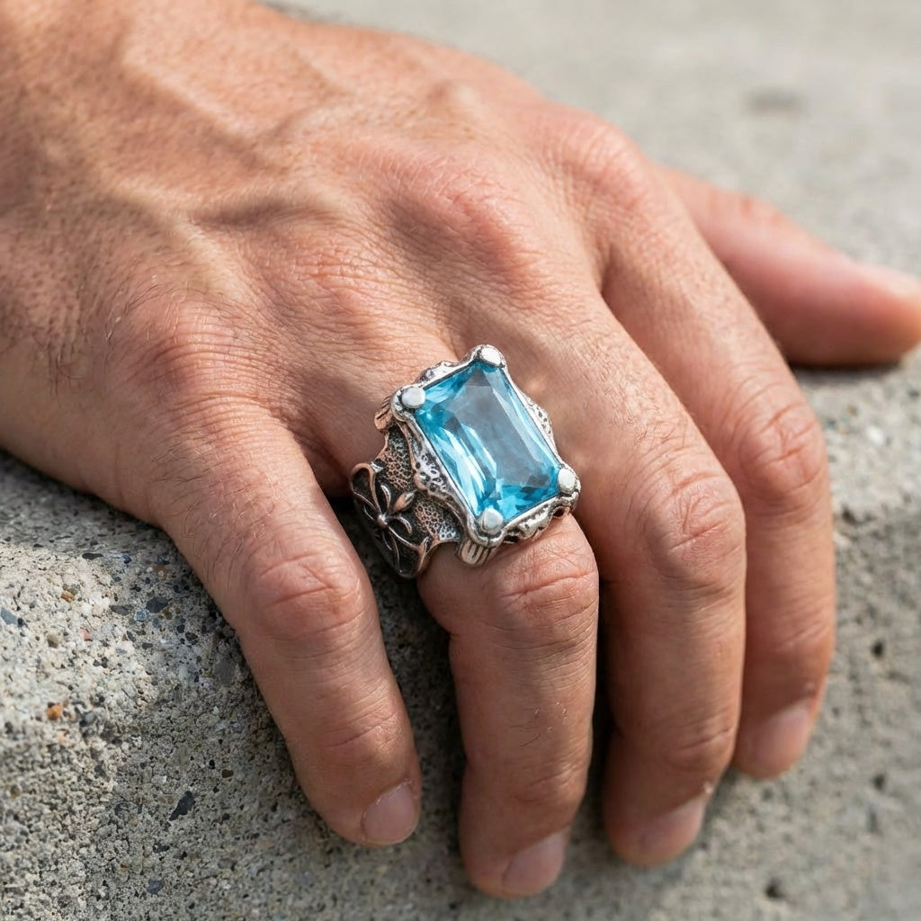 Blue Zircon BOLD Iranian Sword Ring | Titanium Steel– For Men | Includes: Ring