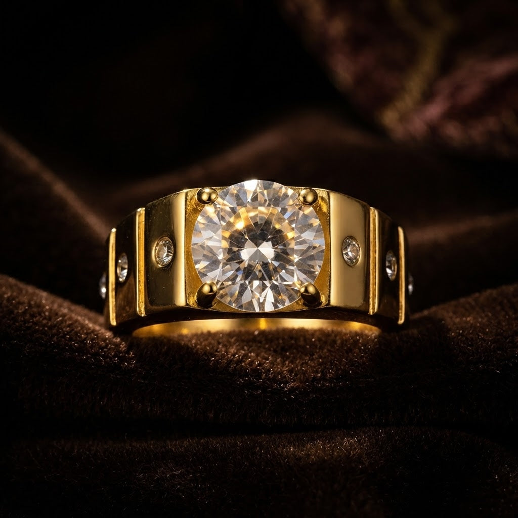Ethnic Pyramid Solitire Clear Zircon Ring | 18K Real Gold PVD Plated– For Men | Includes: Ring