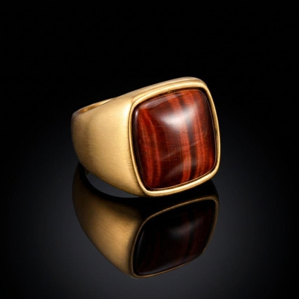 Natural Red Tiger Eye Stone BOLD Titanium Golden Ring | 18K Real Gold PVD Plated– For Men | Includes: Ring