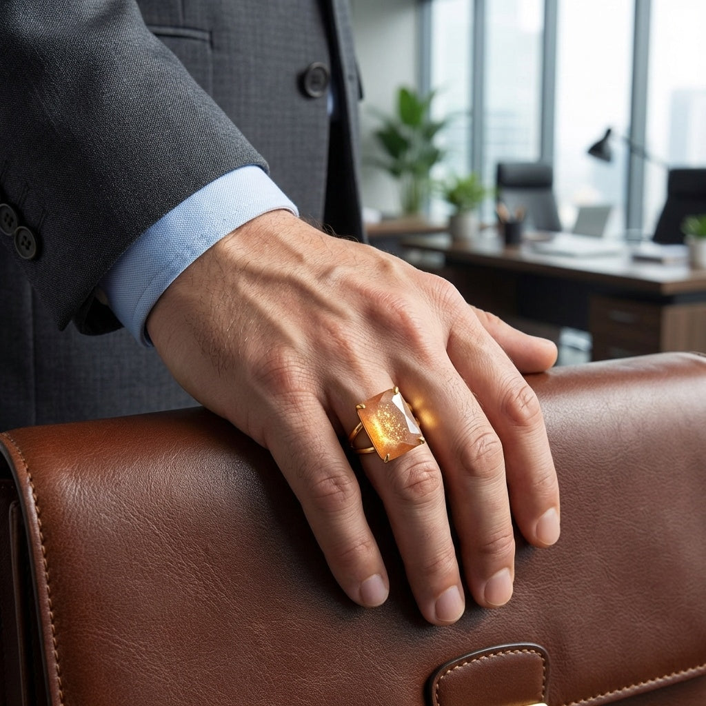 BOLD Natural Berry Quartz Golden Flexi Size Ring | 18K Real Gold PVD Plated– For Men | Includes: Ring