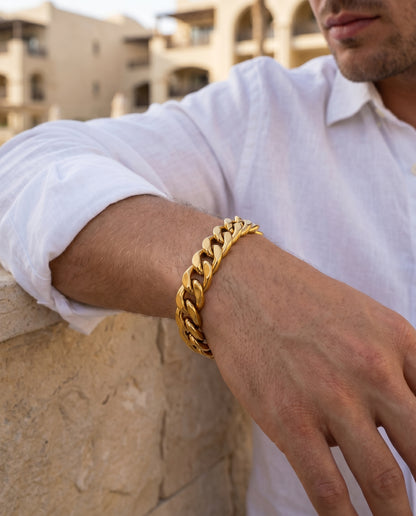 REAL GOLD Finish Bold Link 10MM Flexi Bracelet | 18K PVD Gold Plated - For Men | Includes: Bracelet