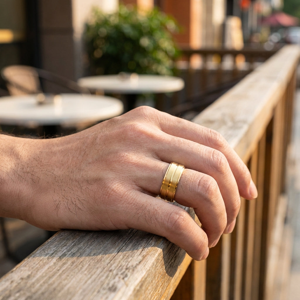 Premium mid-line Golden Steel Ring | 18K Real Gold PVD Plated– For Men | Includes: Ring