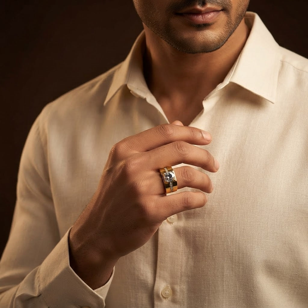 Classic Band Solitire Clear Zircon Ring | 18K Real Gold PVD Plated– For Men | Includes: Ring