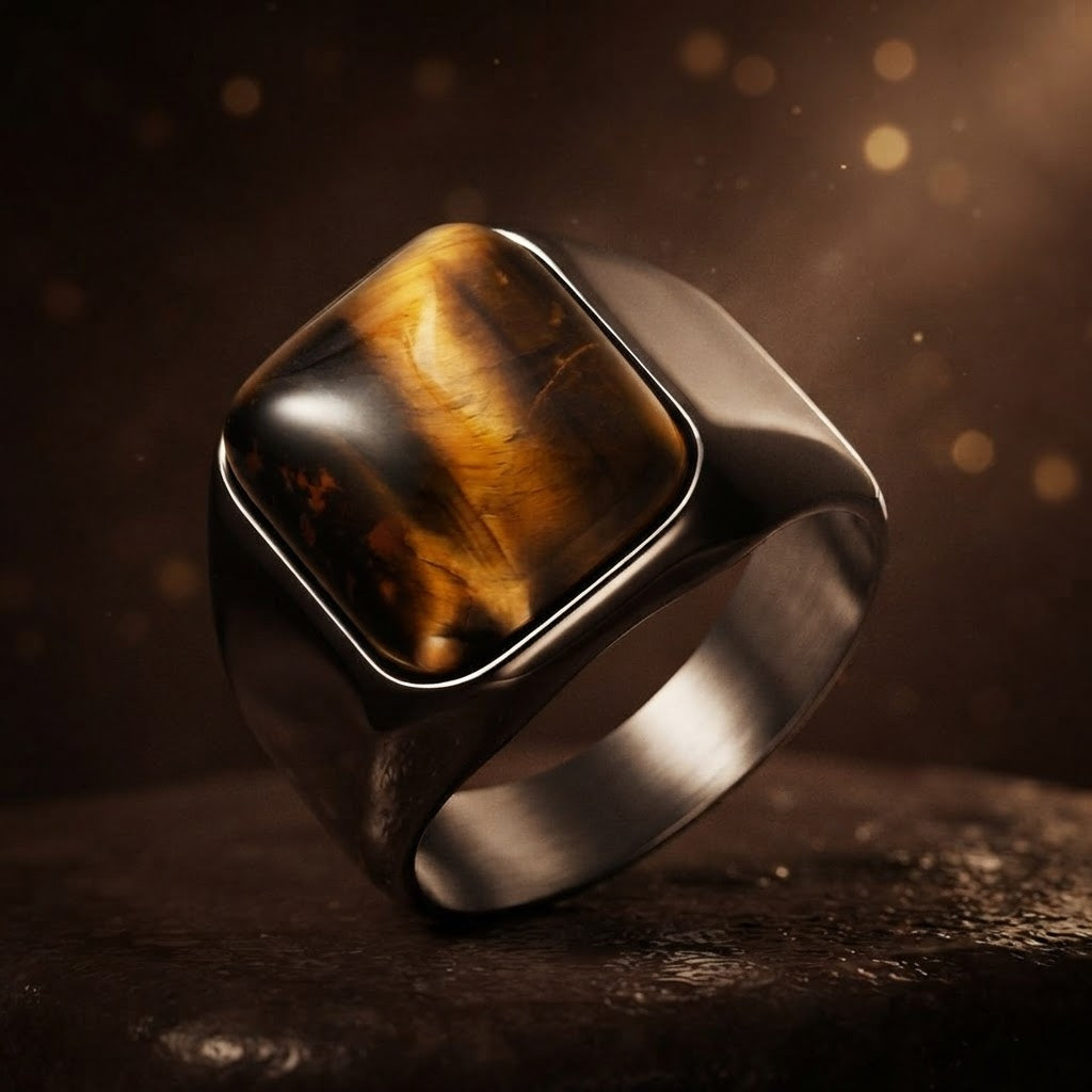 Natural BOLD Tiger Eye Stone Golden Titanium Steel Ring | PVD Plated– For Men | Includes: Ring