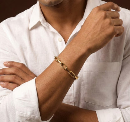 Wide Link Everyday Flexi Size Golden Steel Bracelet | 18K PVD Gold Plated- For Men | Includes: Bracelet