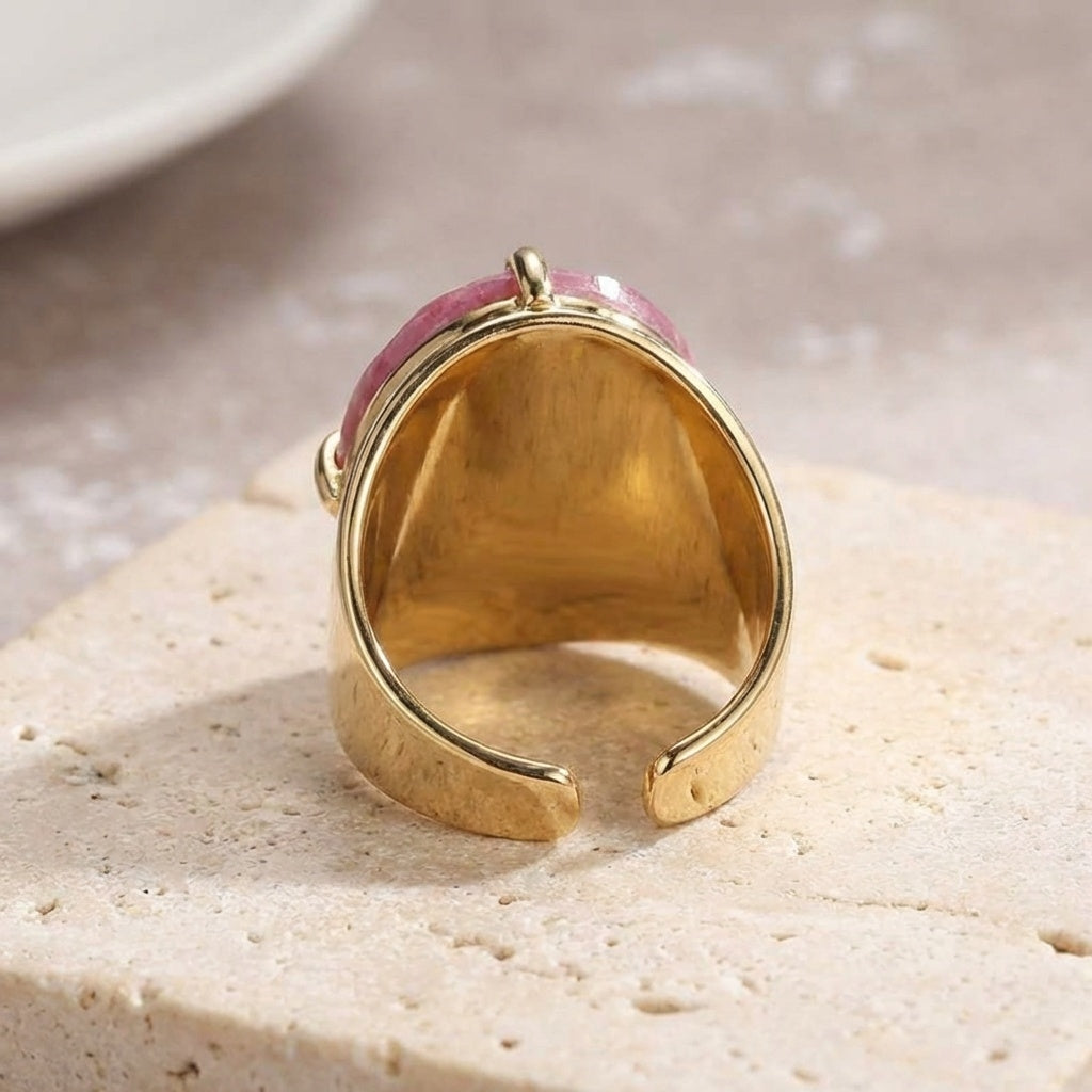 Natural Berry Quartz Faceted Stone Golden Flexi Size Ring | 18K Real Gold PVD Plated– For Men | Includes: Ring