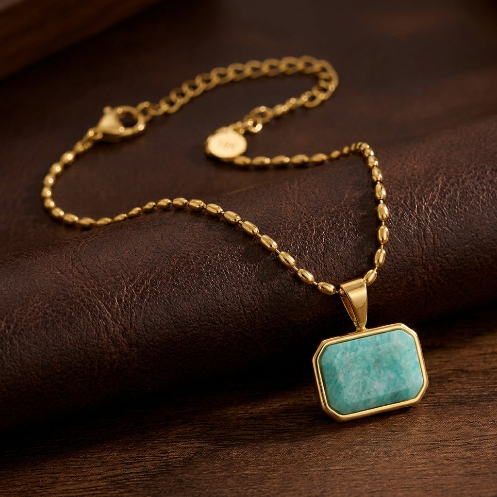 Amazonite REAL Stone Men's Necklace | 18K PVD Gold Plated - For Men| Includes: Necklace