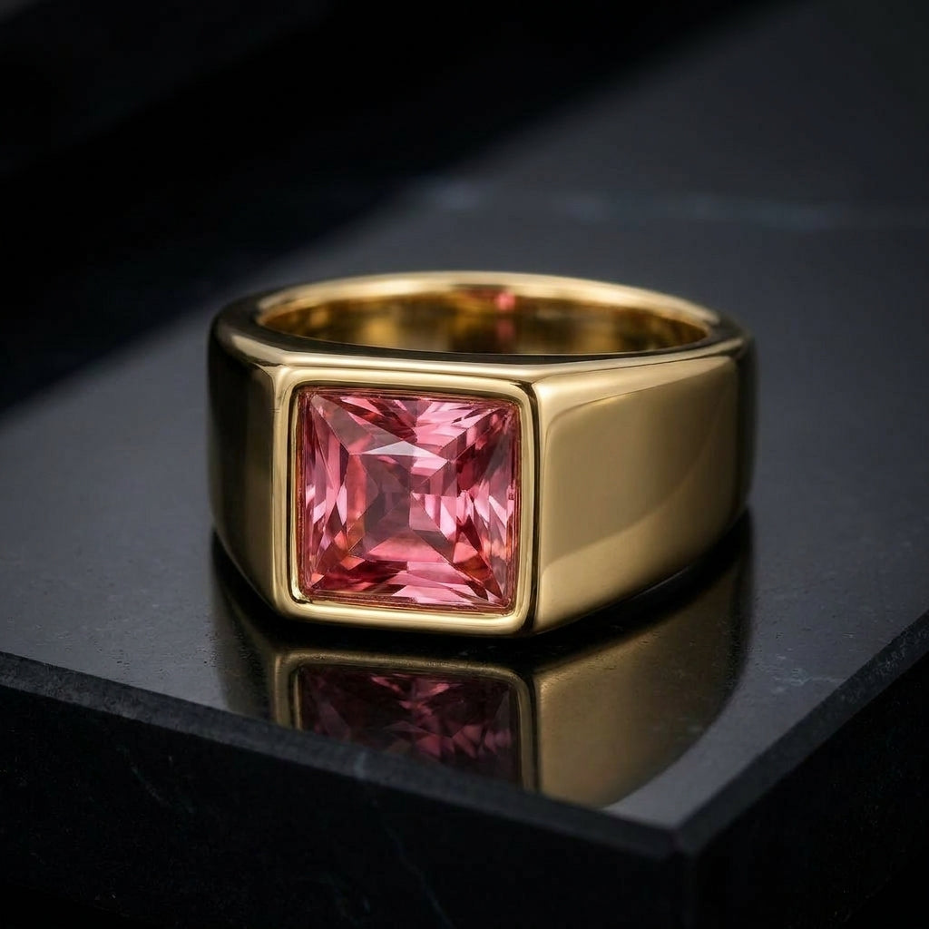 Golden Regular Pink Square Zircon Titanium Ring | 18K Real Gold PVD Plated– For Men | Includes: Ring