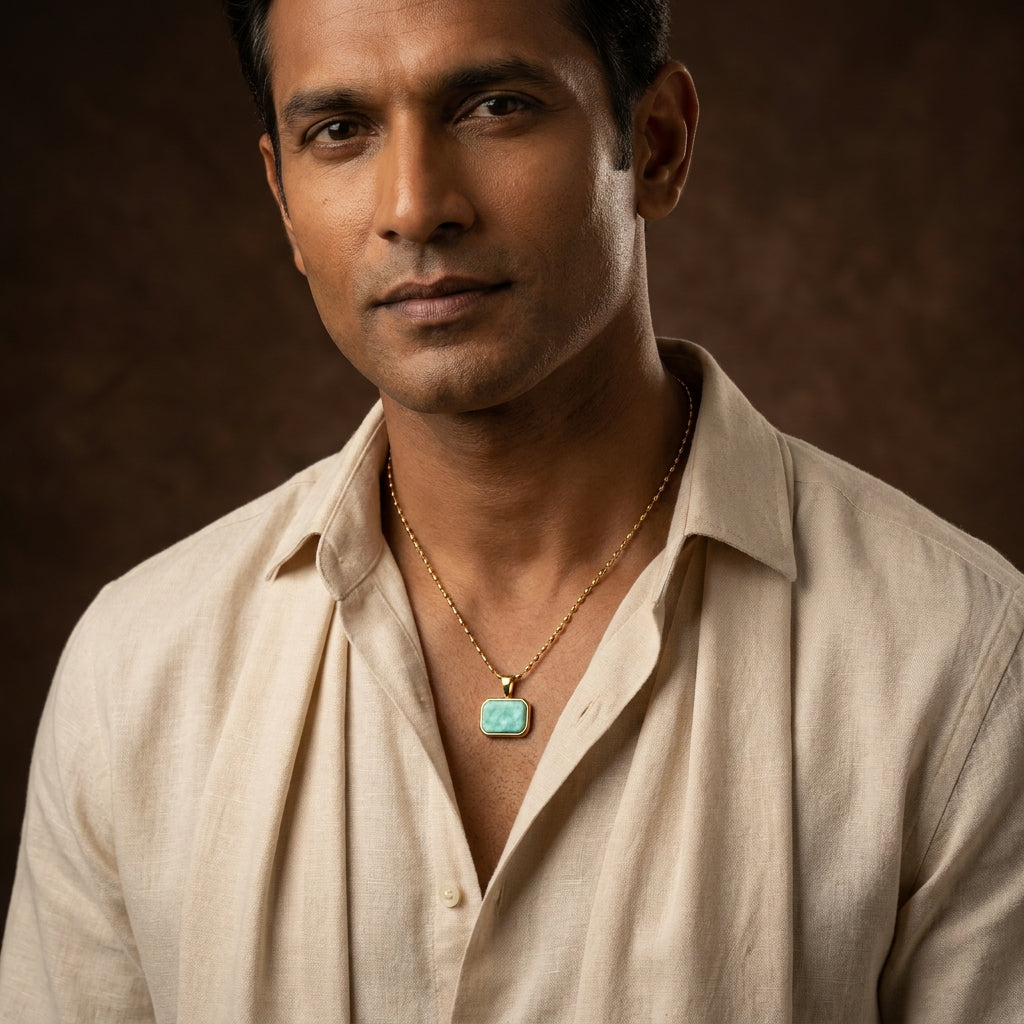 Amazonite REAL Stone Men's Necklace | 18K PVD Gold Plated - For Men| Includes: Necklace