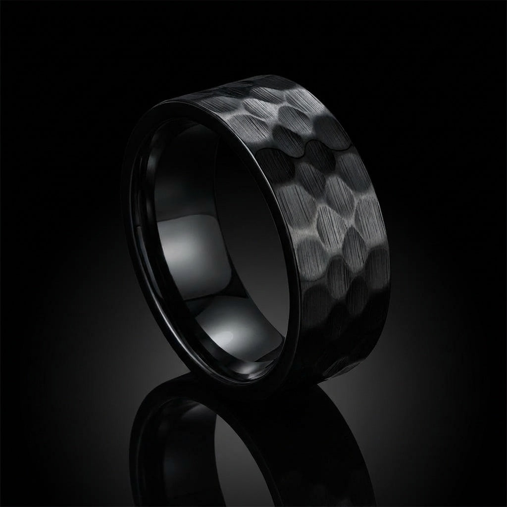 Hammered Titanium Steel Black Ring | PVD Plated– For Men | Includes: Ring