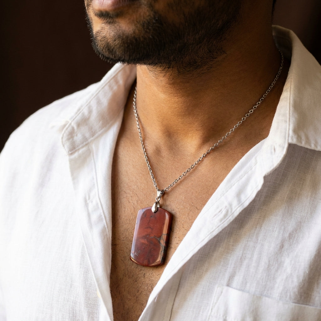 Red Jasper REAL Stone Men's Necklace | Stainless Steel - For Men| Includes: Necklace