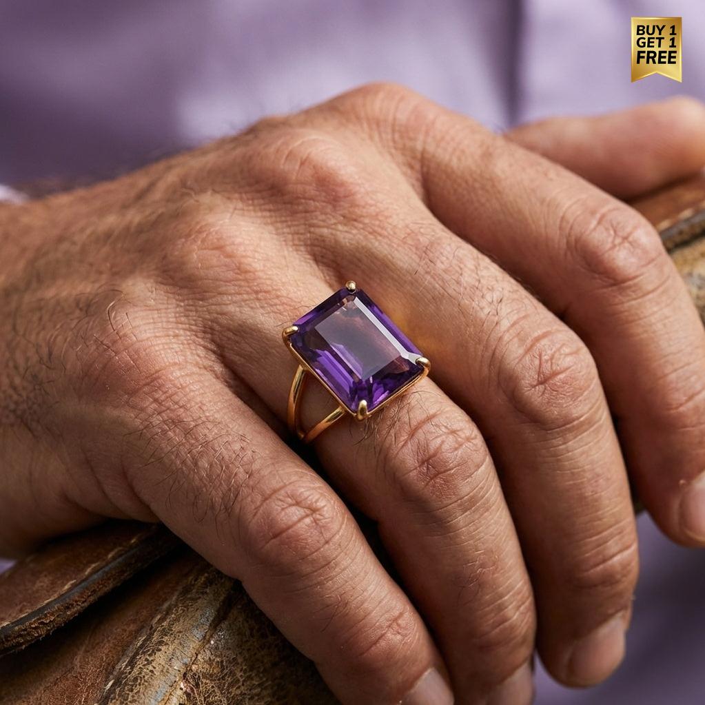 BOLD Natural Amethyst Stone Golden Flexi Size Ring | 18K Real Gold PVD Plated– For Men | Includes: Ring