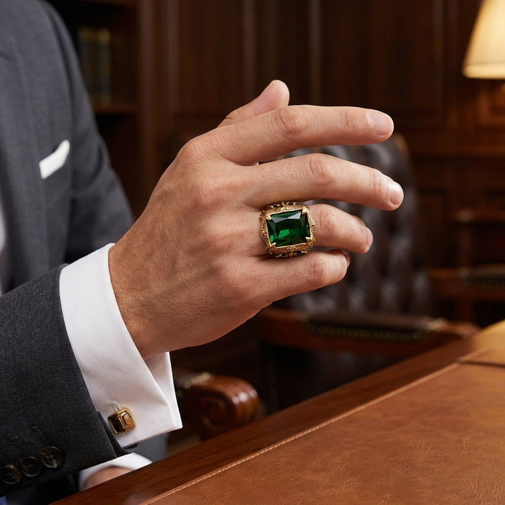 Green Zircon BOLD Iranian Golden Titanium Ring | 18K Real Gold PVD Plated– For Men | Includes: Ring
