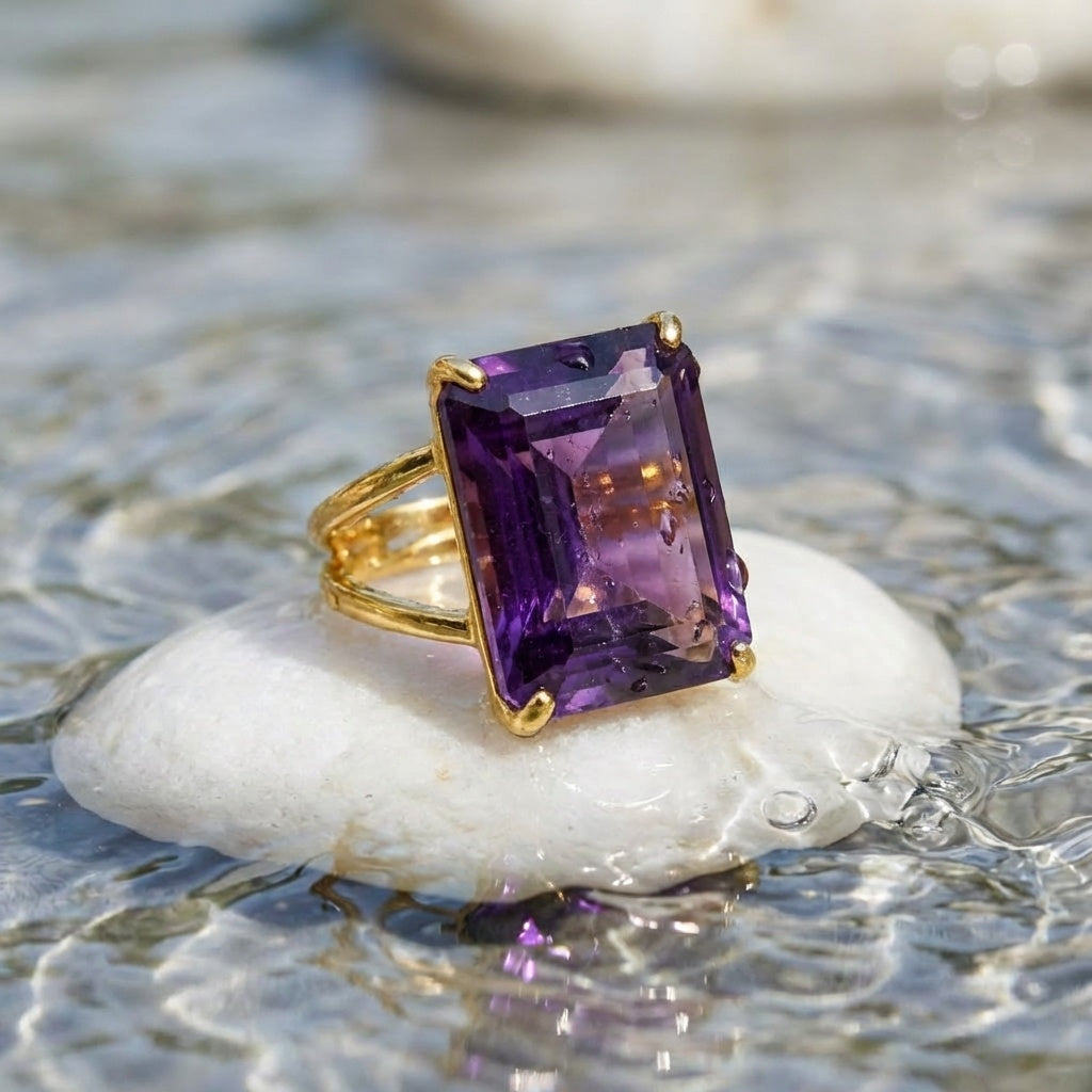 BOLD Natural Amethyst Stone Golden Flexi Size Ring | 18K Real Gold PVD Plated– For Men | Includes: Ring