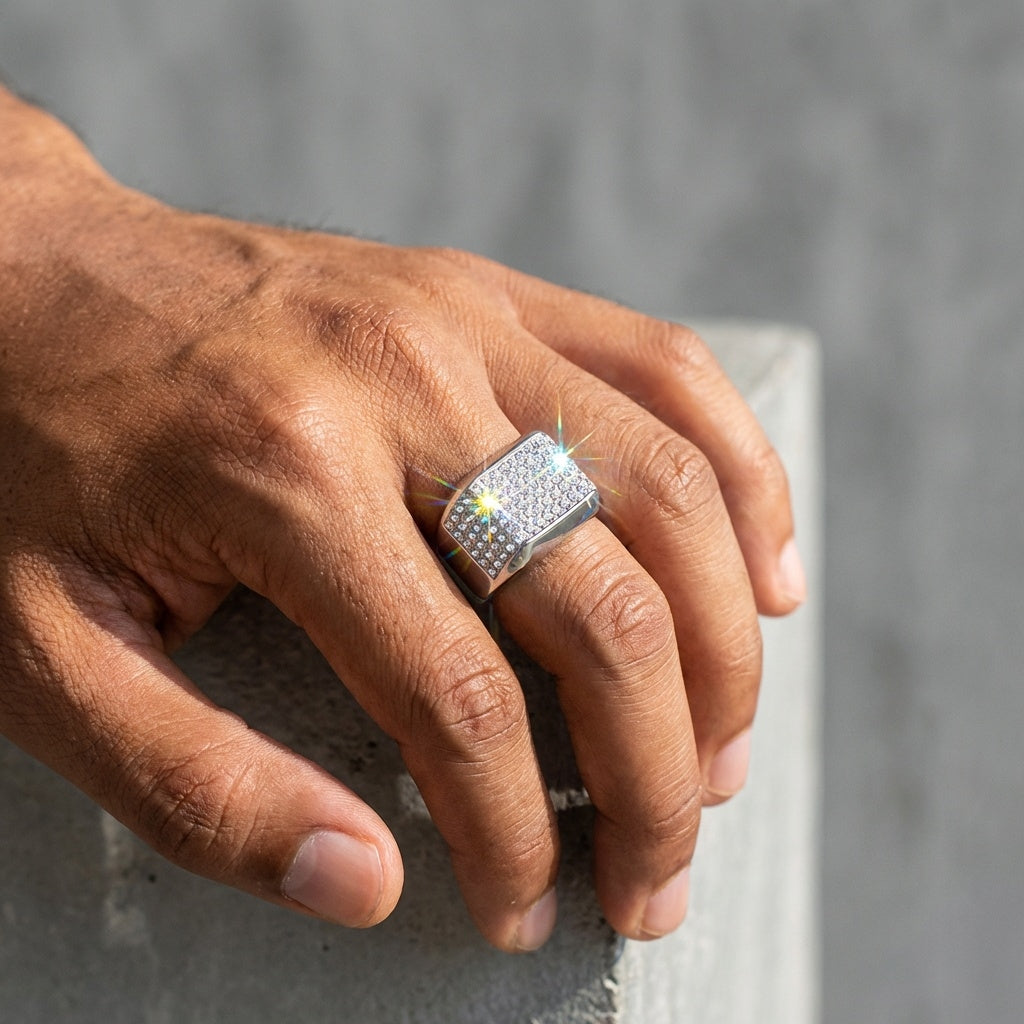 Ultra Luxury Multi-Zircon Silverish Titanium Ring | PVD Plated– For Men | Includes: Ring