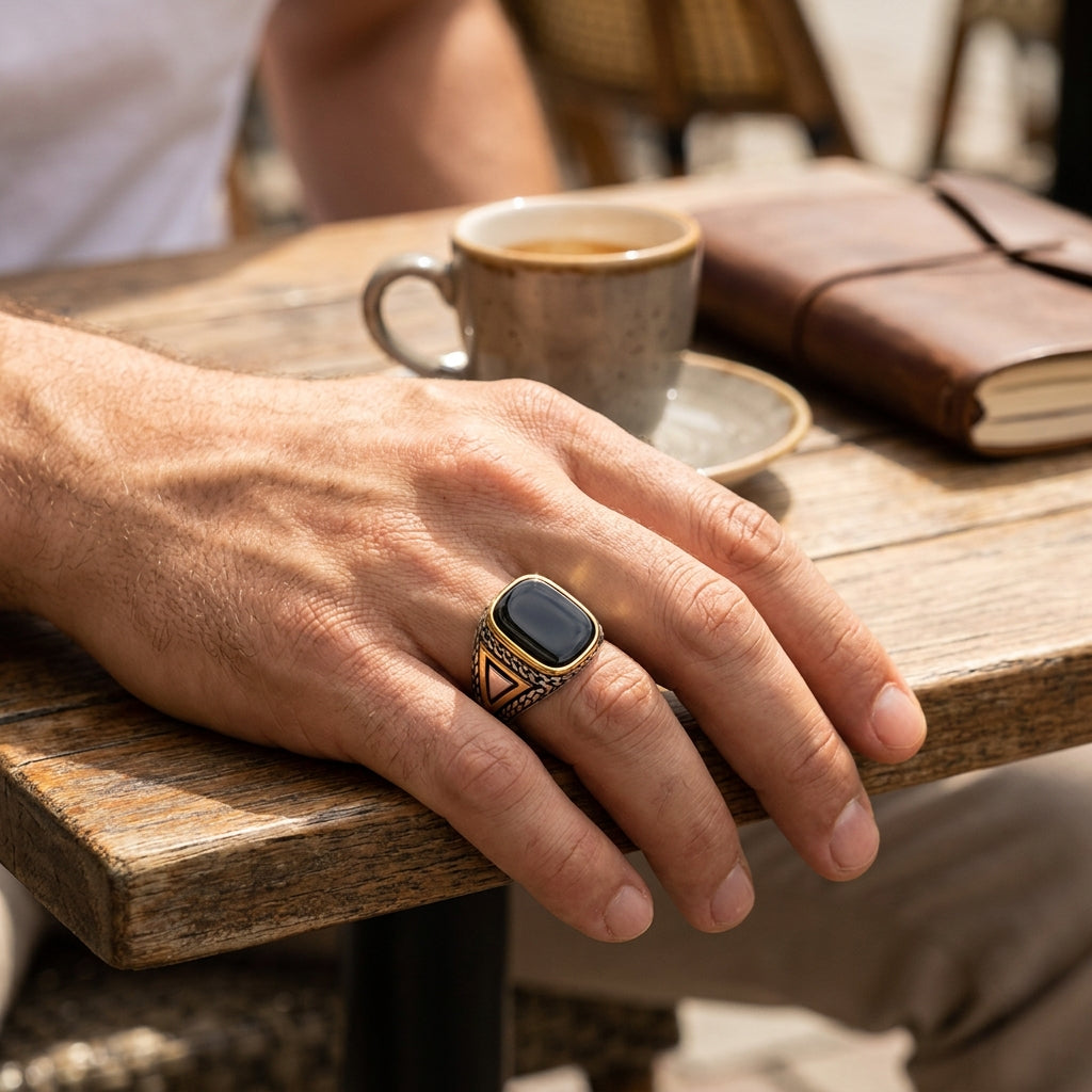 Real Black Stone Everyday Titanium Steel Ring | PVD Plated– For Men | Includes: Ring