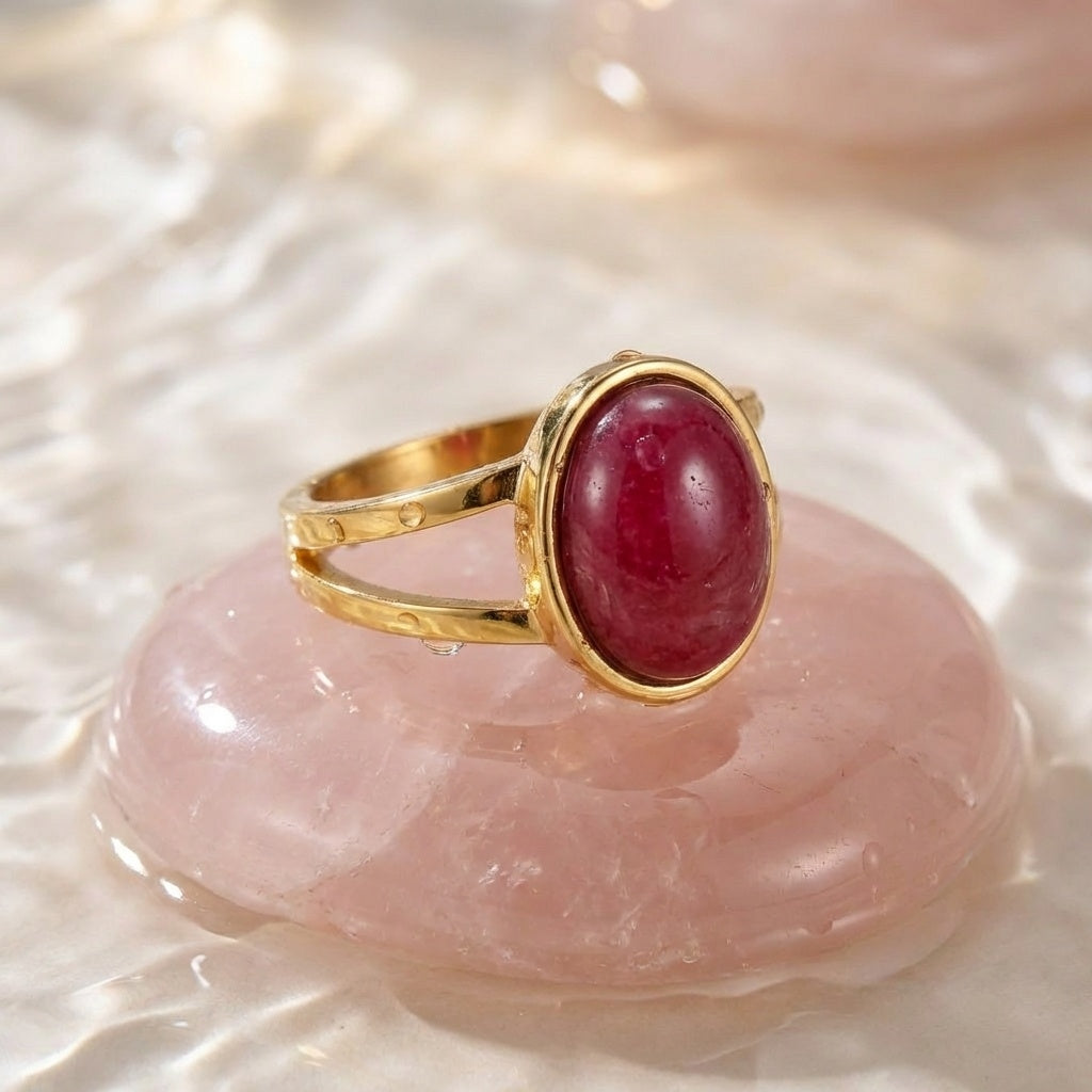 Pink Aventurine Stone Golden Dual Band Oval Ring | 18K Real Gold PVD Plated– For Men | Includes: Ring