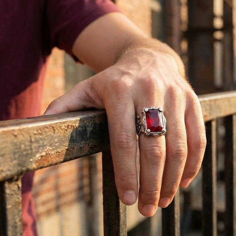 Red Zircon BOLD Iranian Sword Ring | Titanium Steel– For Men | Includes: Ring
