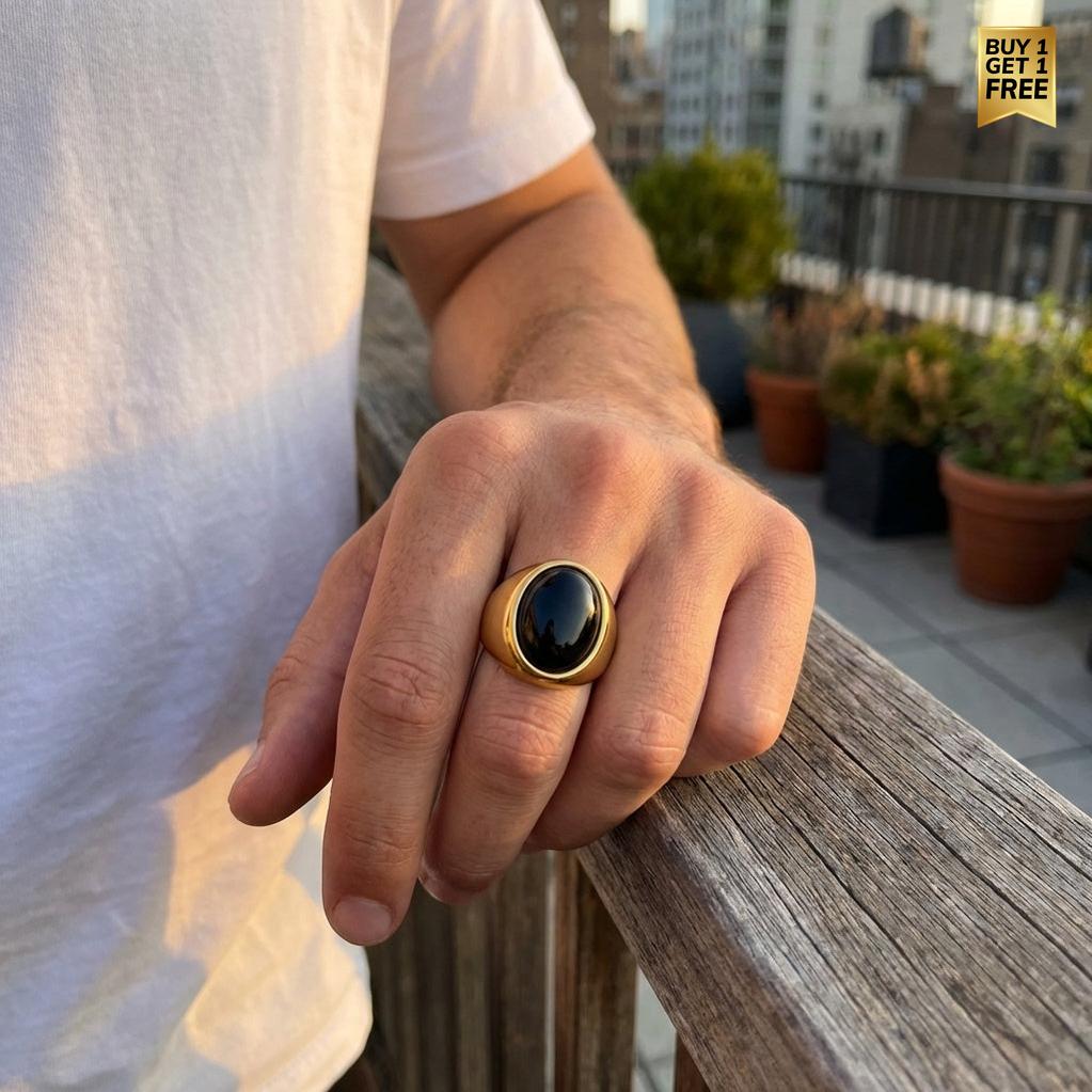 Natural BOLD Black Onyx Stone Golden Ring | 18K Real Gold PVD Plated– For Men | Includes: Ring