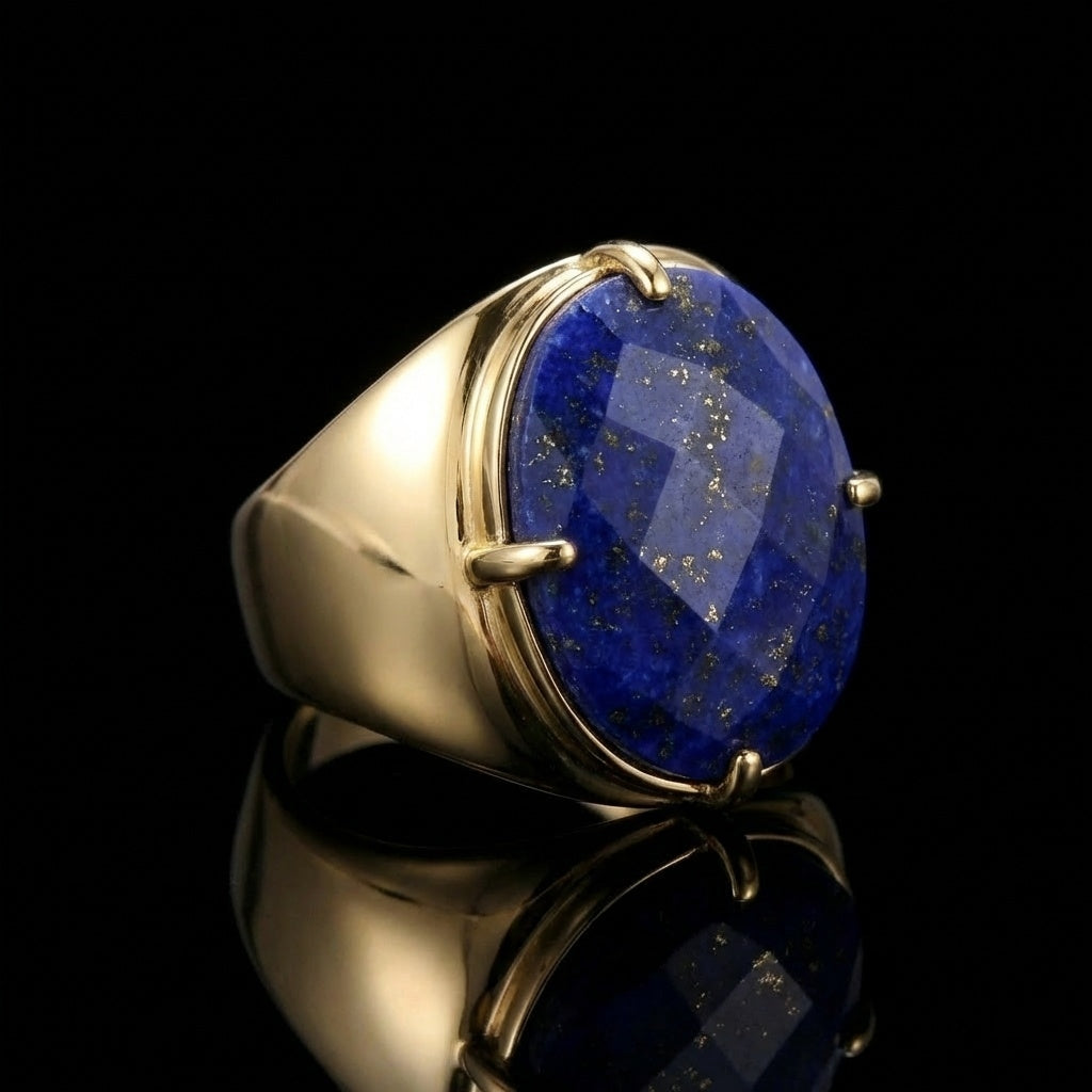 Natural Lapis Lazuli Faceted Stone Golden Flexi Size Ring | 18K Real Gold PVD Plated– For Men | Includes: Ring