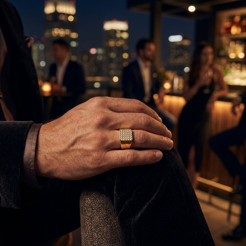 Golden Multi Zircon Square Inlay Steel Ring | 18K Real Gold PVD Plated– For Men | Includes: Ring