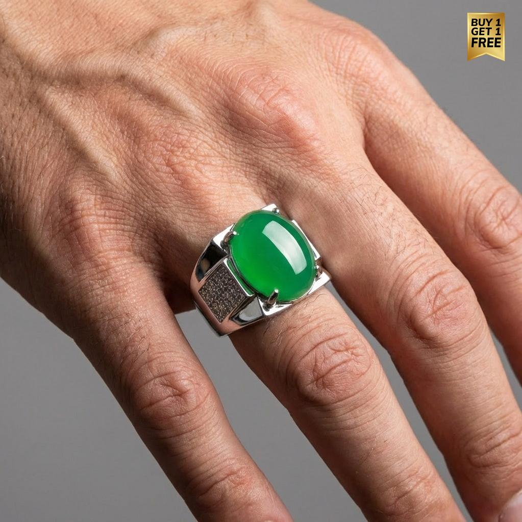 Green REAL STONE Zircon Ring | Pure Silver Plated Steel– For Men | Includes: Ring