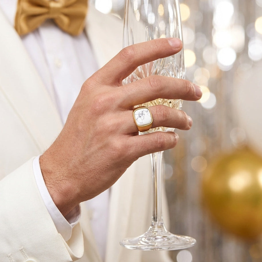 Howlite Stone BOLD Titanium Golden Ring | 18K Real Gold PVD Plated– For Men | Includes: Ring