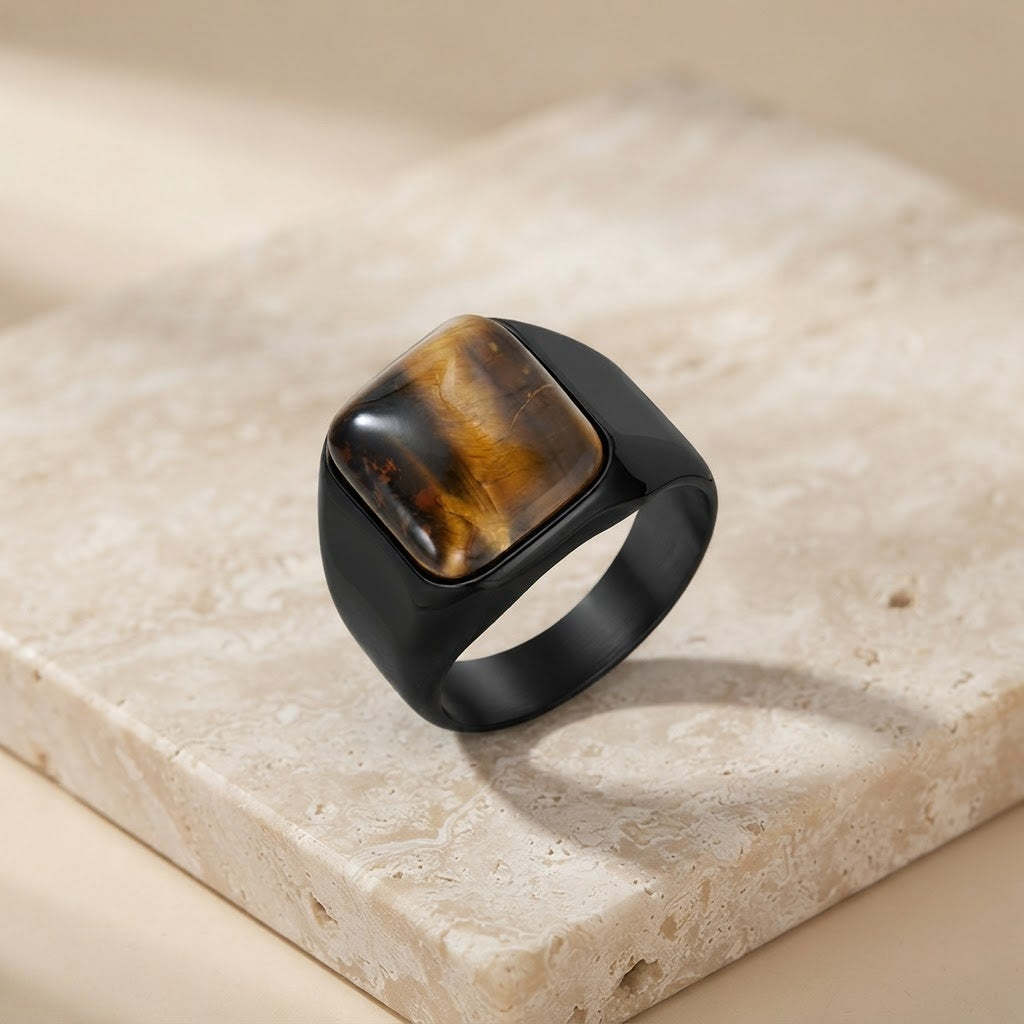Natural BOLD Tiger Eye Stone Golden Titanium Steel Ring | PVD Plated– For Men | Includes: Ring