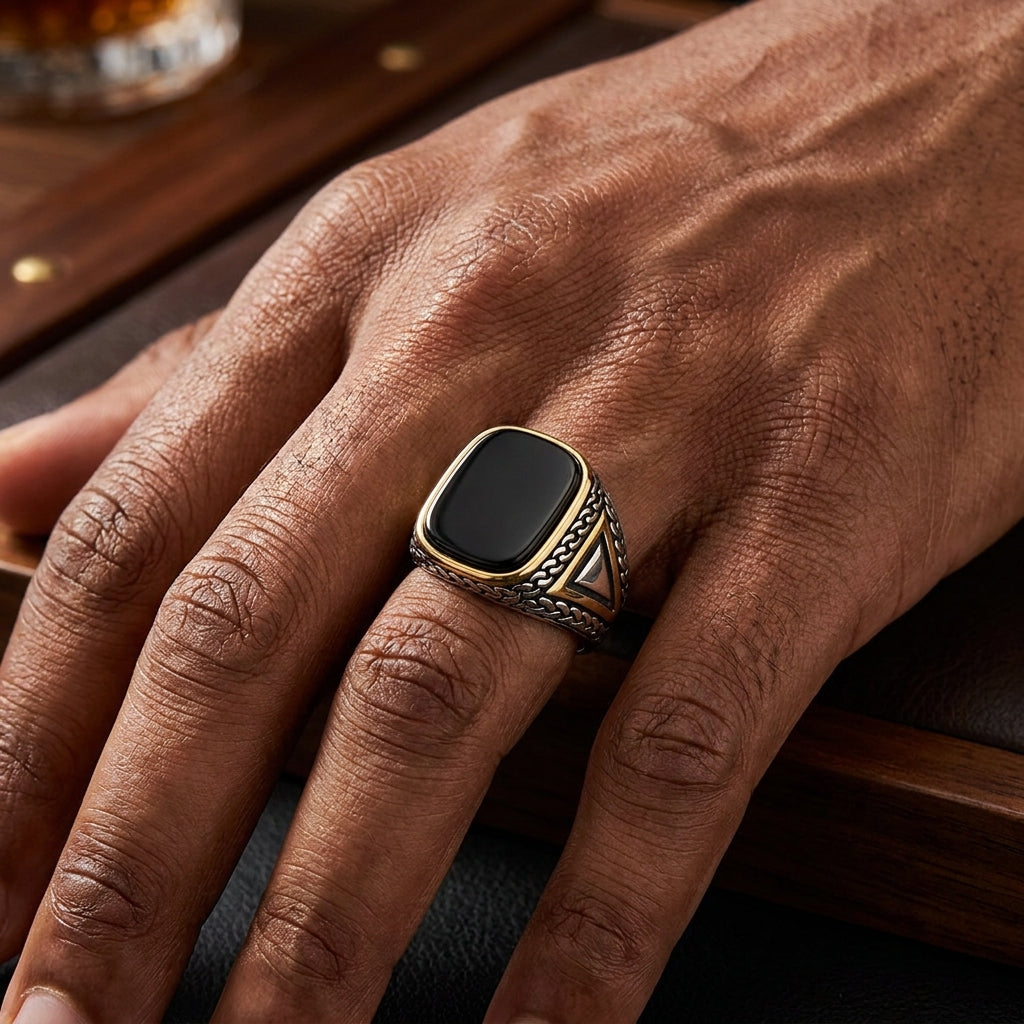 Real Black Stone Everyday Titanium Steel Ring | PVD Plated– For Men | Includes: Ring