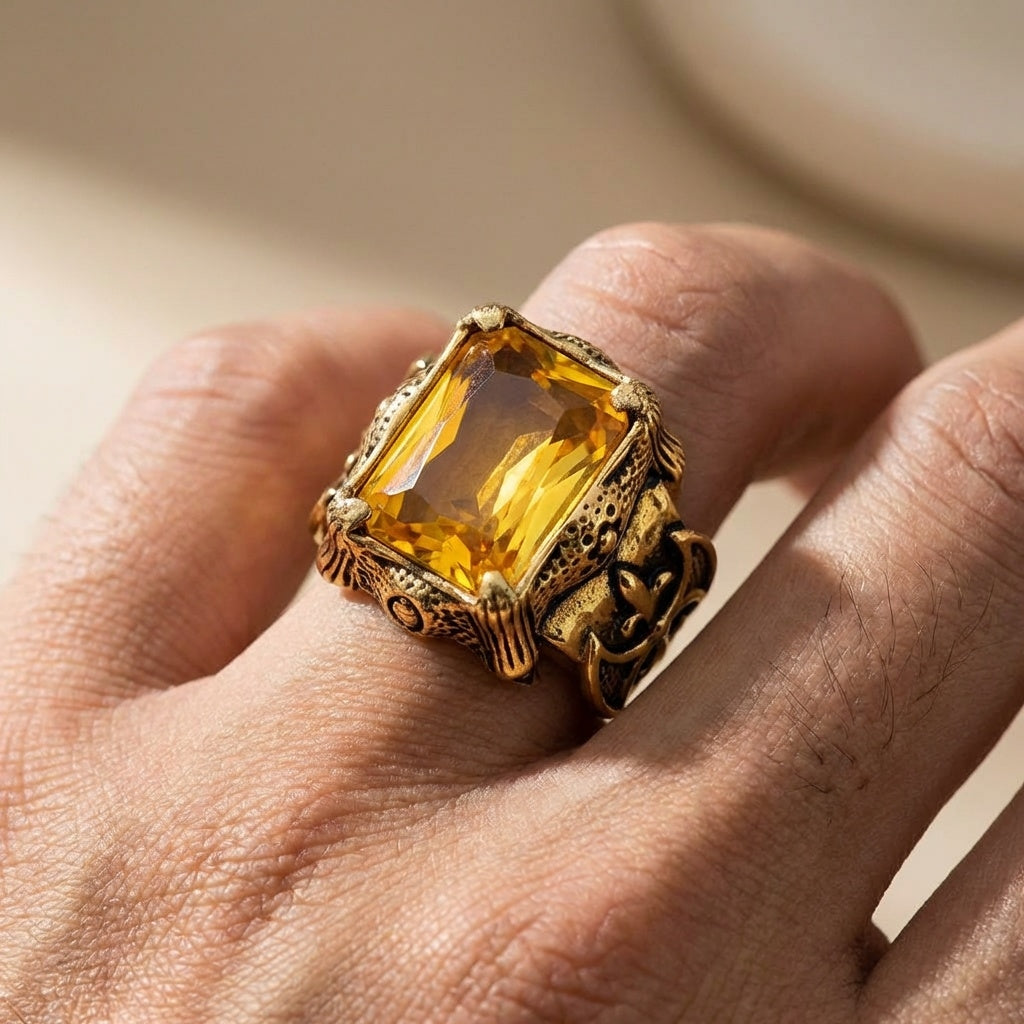 Yellow Zircon BOLD Iranian Golden Titanium Ring | 18K Real Gold PVD Plated– For Men | Includes: Ring