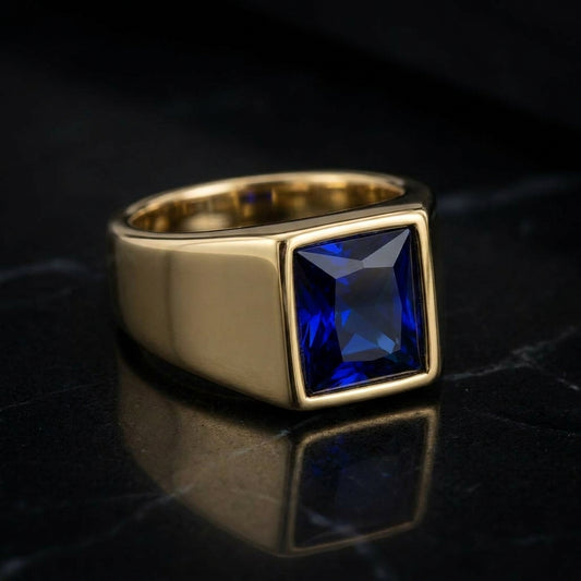 Golden Regular Deep Blue Square Zircon Titanium Ring | 18K Real Gold PVD Plated– For Men | Includes: Ring