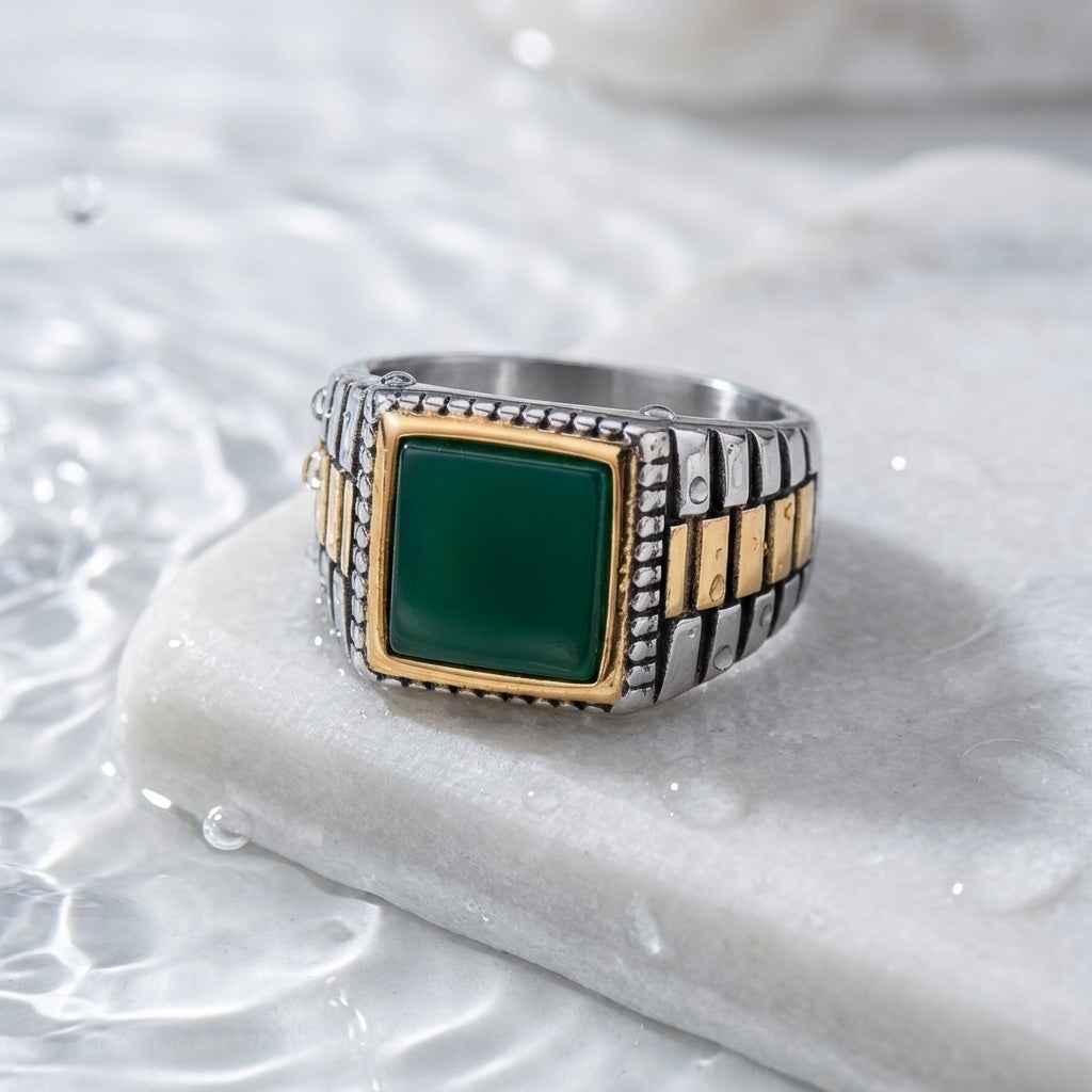 Natural Green Aventurine Stone Pyramid Ring | TITANIUM STEEL– For Men | Includes: Ring