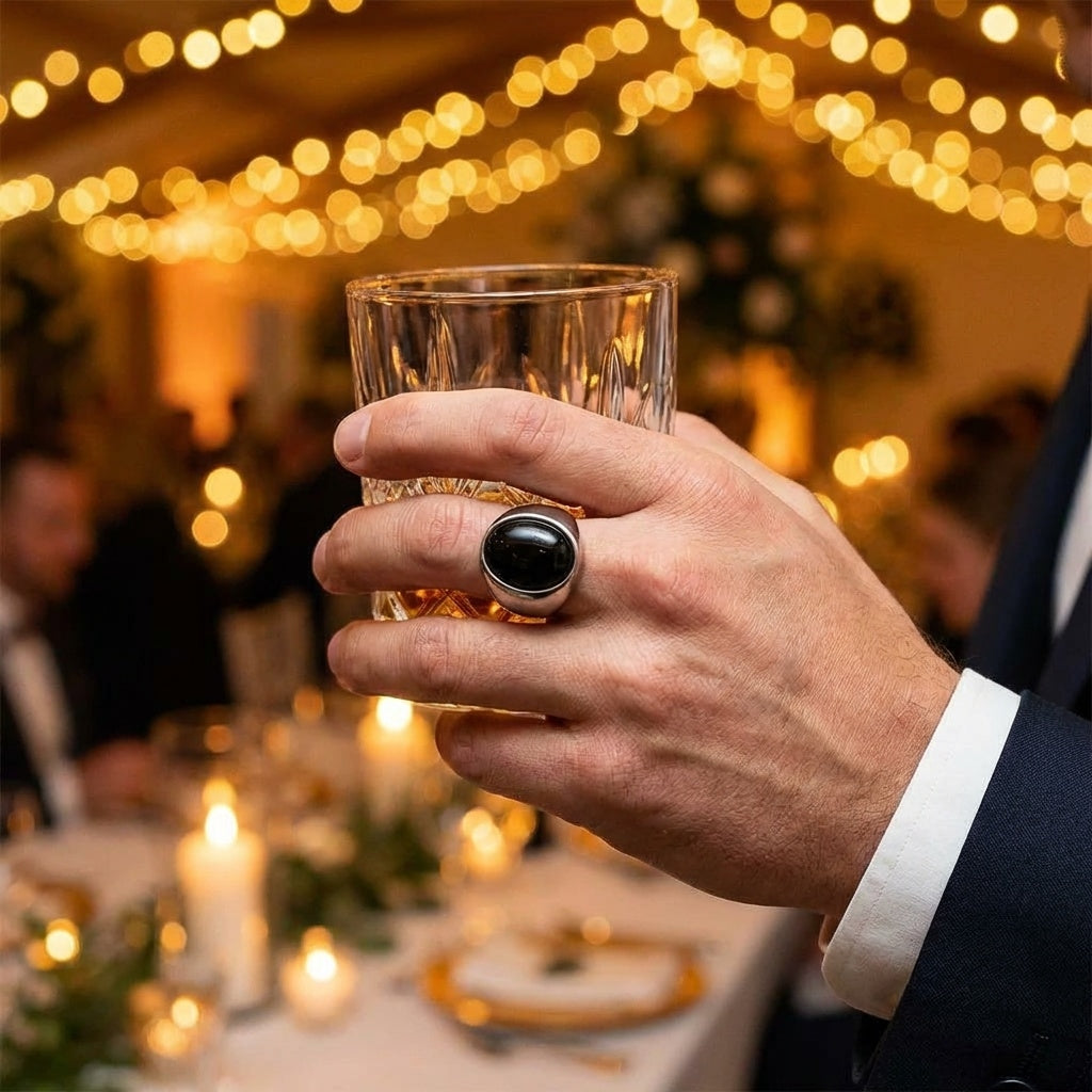 Natural BOLD Black Onyx Stone Golden Titanium Steel Ring | PVD Plated– For Men | Includes: Ring