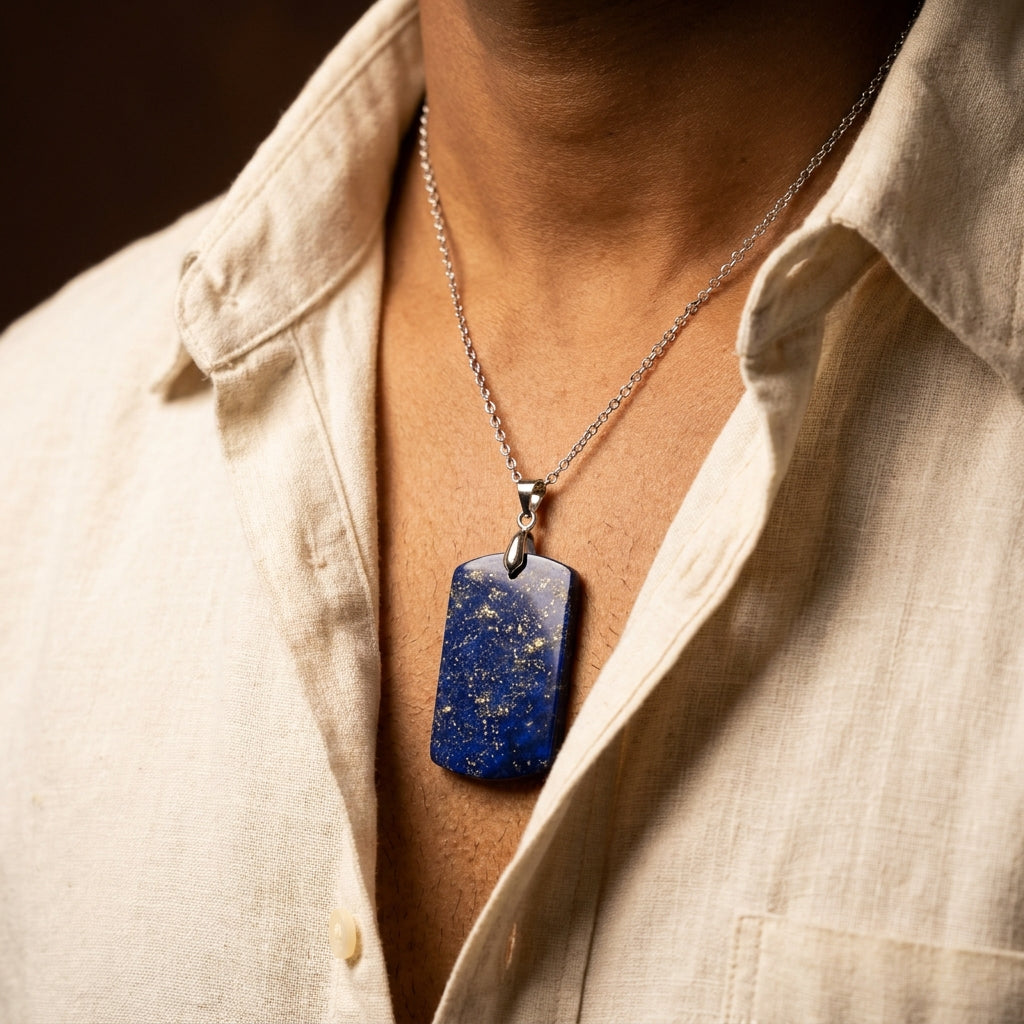Lapis Lazuli REAL Stone Men's Necklace | Stainless Steel - For Men| Includes: Necklace