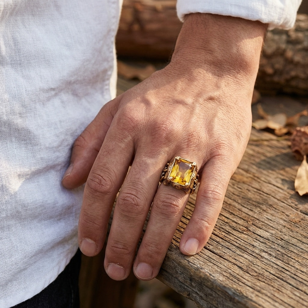 Yellow Zircon BOLD Iranian Golden Titanium Ring | 18K Real Gold PVD Plated– For Men | Includes: Ring